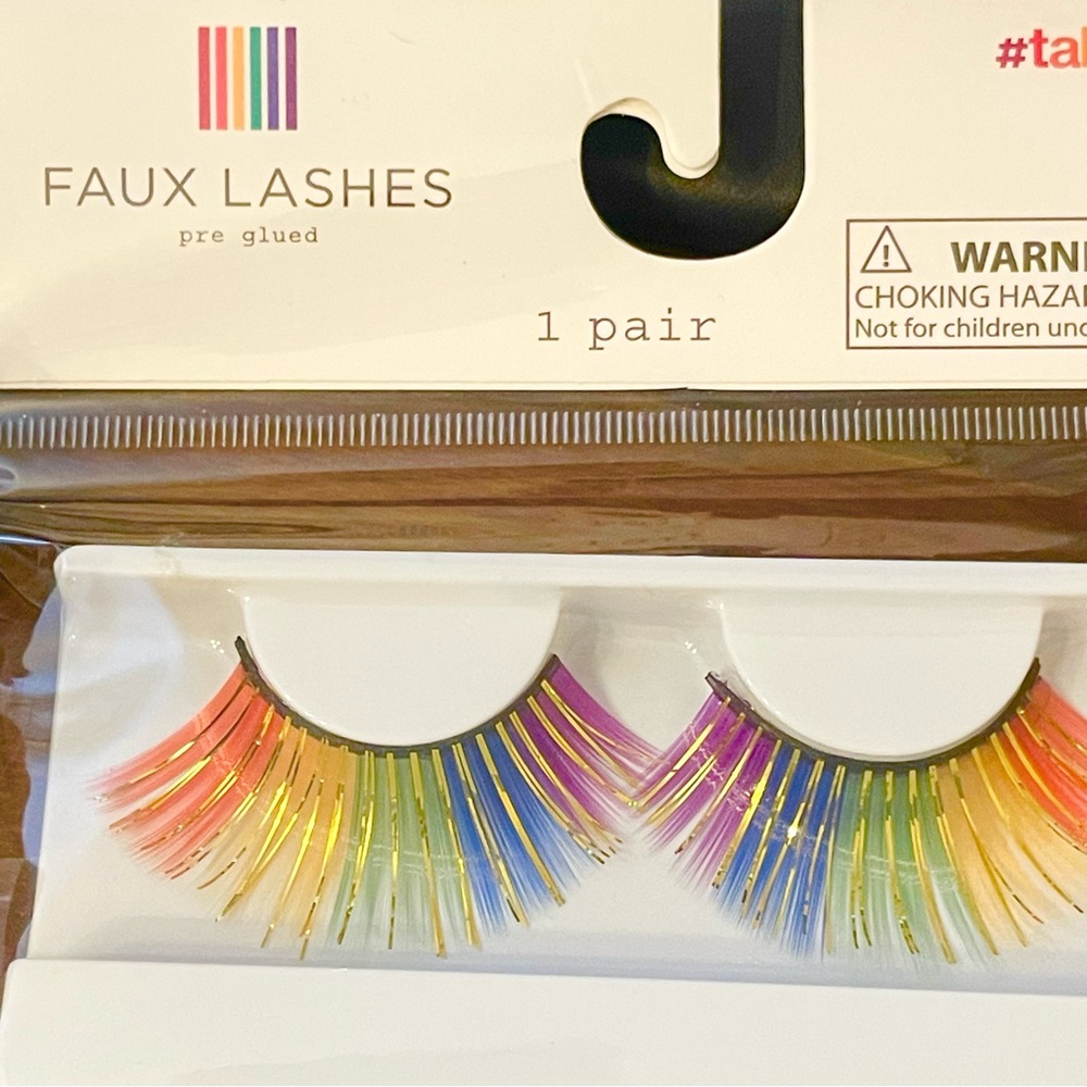 Rainbow Pride faux eye lashes with gold tinsel